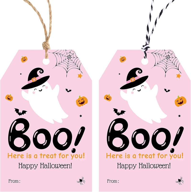 Alynta Halloween Tags with String - 50Pcs Happy Halloween Paper Gift Tags Boo Tag Pumpkin Ghost Name Tag Labels for Goodie Bags Gift Wrapping Halloween Decorations (Pink) - Image 1